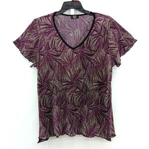 Shannon Ford Shirt Women Size 1X Purple Tropical Textured Short Sleeve V Neck